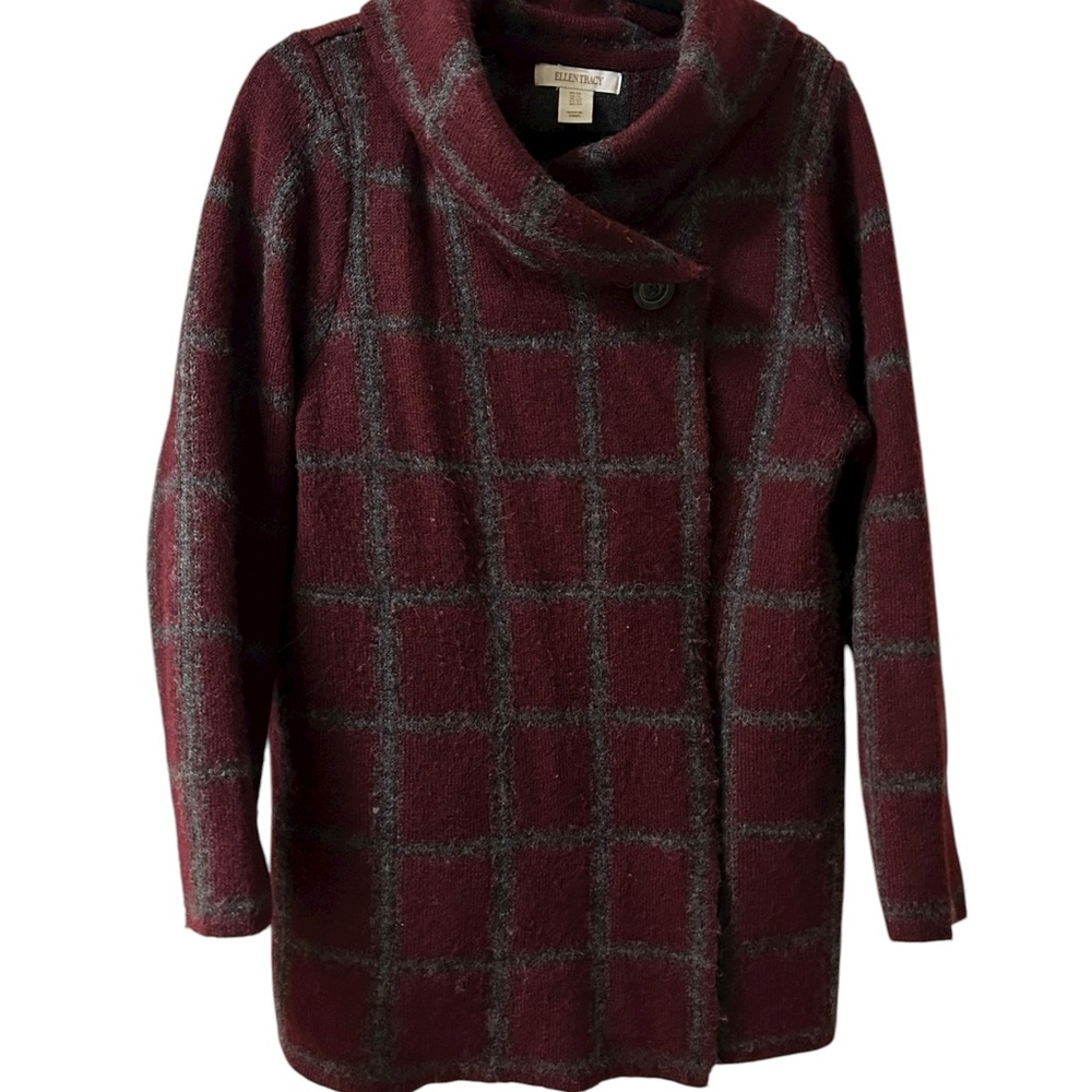 Ellen Tracy Women's Cowl Neck Plaid Sweater Jacket - Burgundy and Gray 1X